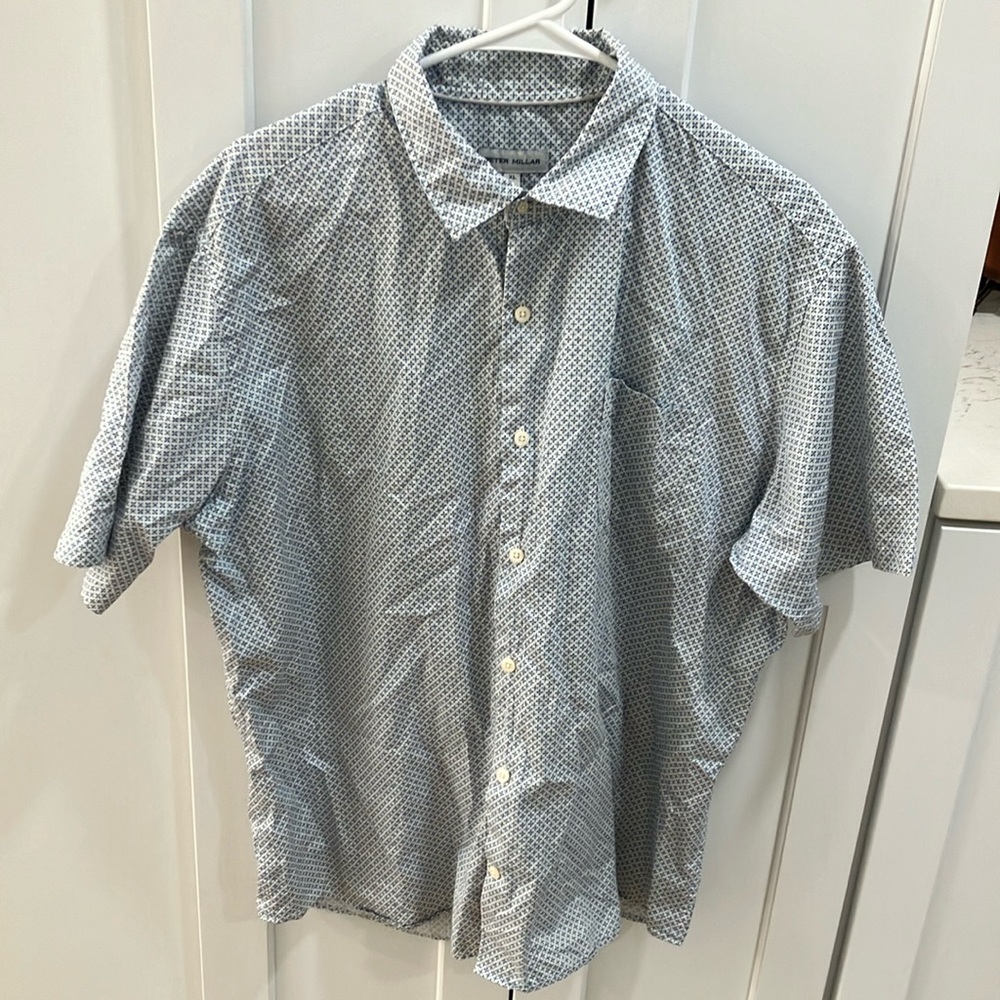 Peter Millar Men's White Blue 100% Cotton Short Sleeve Button Down Shirt Top
